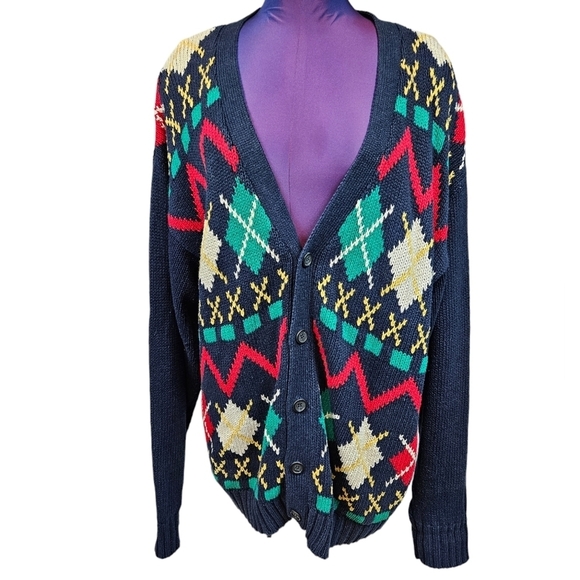 Vintage 417 Van Heusen Argyle Button Front Grandpa Sweater Cardigan Size‎ XL B91 - Picture 2 of 10